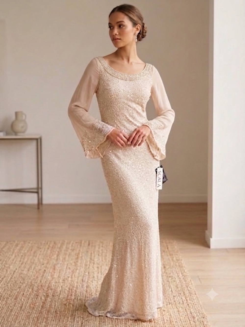 Scala Long Sleeve Sequin Gown in Champagne